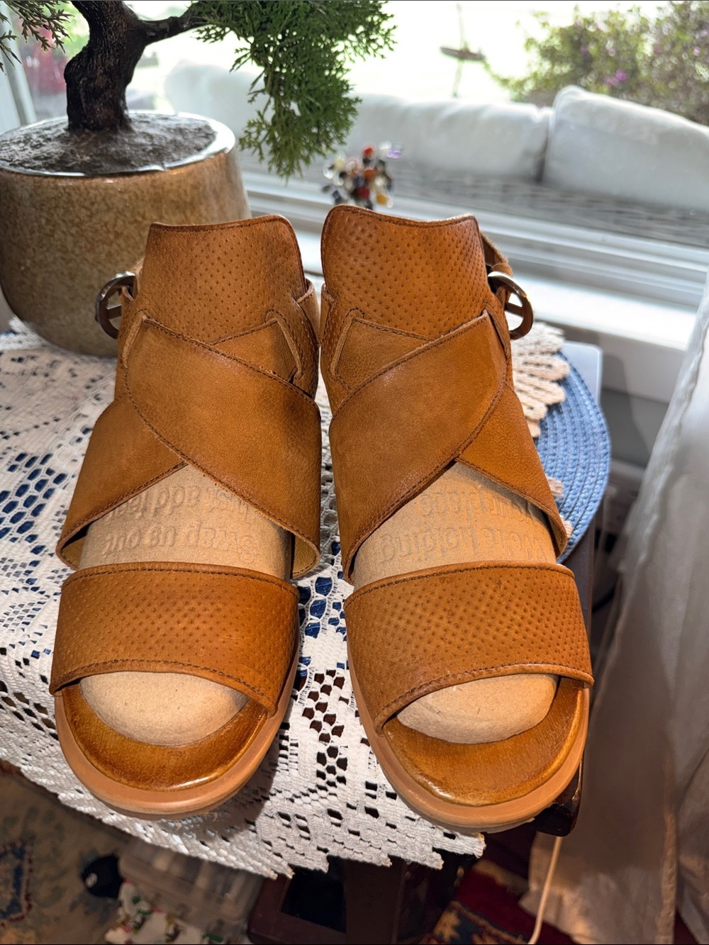 Miz Mooz Cognac Crisscross Leather Sandals